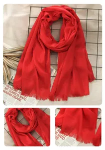 Red linen cotton scarf for women, solid color vintage shawl and winter warm neck wrap.
