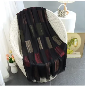 Stylish black block pattern tassel scarf, elegant shawl wrap for women daily fashion wear.
