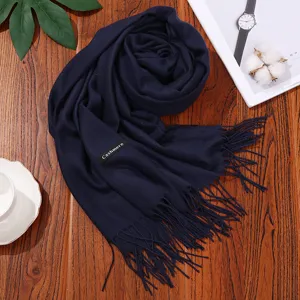 Solid color imitation cashmere scarf with fringe, elegant winter warm long shawl for women.