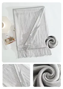 Silver shimmer fringe scarf detail shot, elegant solid color long shawl for spring autumn.