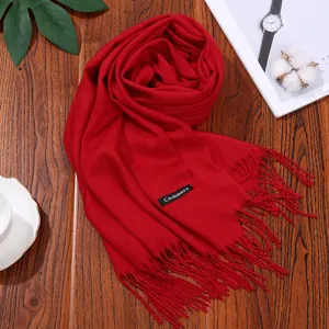 Cozy red winter tassel scarf, thick cashmere-feel warm shawl for women daily wear.