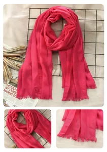 Women's solid pink linen blend scarf with fringe, stylish casual lightweight shawl for autumn.