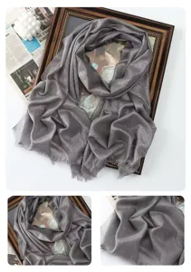 Metallic shimmer long scarf detail display, elegant solid color rayon women shawl fashion accessory.