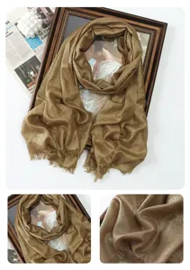 Gold shimmering long scarf for women, elegant metallic shawl and headscarf with fringes.