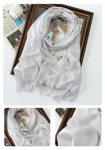 Detailed view of shimmering metallic silver long scarf shawl, soft texture, elegant design.