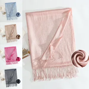 Women Solid Color Tassel Long Scarf Spring Autumn Warm Shawl Metallic Silk Fashion Scarf