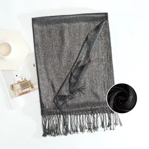 Metallic shimmer long scarf with tassels elegant solid color fashion shawl for women daily wear