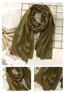 Olive green cotton linen scarf for women, solid color casual shawl detail and fabric close up.
