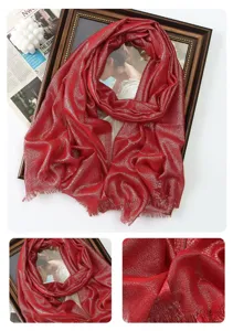 Red metallic shimmering long scarf detail, lightweight rayon material with fringe edge design.