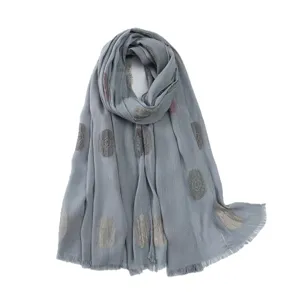 Grey linen fringe scarf shawl for women, stylish patterned warm wrap for daily wear and outdoor travel.