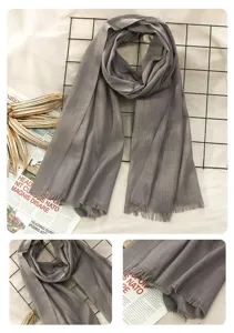 Cotton linen solid color scarf for women, lightweight shawl with fringe detail in grey.