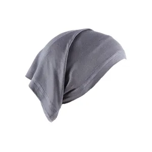 Grey rayon inner hijab cap detail, stretchy soft sweat cloth basic tube beanie for daily wear.