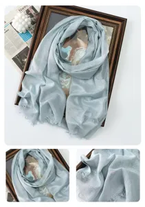 Spring summer solid color metallic shimmering long scarf shawl for women light blue fringe