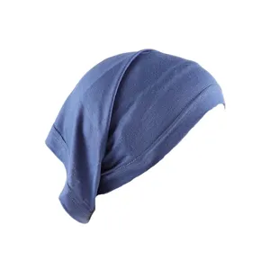 Close-up detail of the blue stretchy cotton inner hijab cap, breathable and comfortable fabric.