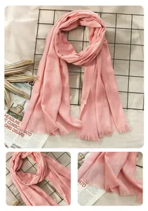 Solid color cotton linen scarf detail, lightweight breathable shawl with fringe, elegant accessory.