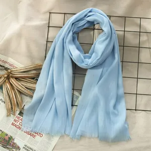 Light blue cotton linen scarf for women, solid color casual shawl with fringe design.