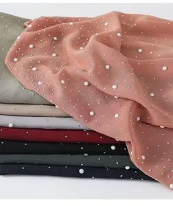 Pearl chiffon hijab detail, multi-color Muslim long shawl, elegant rhinestone head cover.