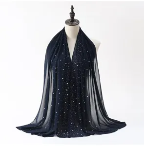 Pearl chiffon hijab scarf with hot drill rhinestones, elegant long Muslim head wrap shawl.