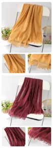 Solid color linen scarf detail view, elegant fringe tassel design, soft lightweight shawl wrap.