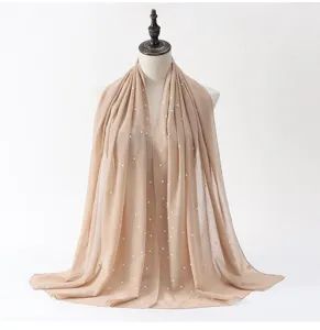 Elegant chiffon hijab scarf with pearl and rhinestone details, lightweight long shawl wrap.