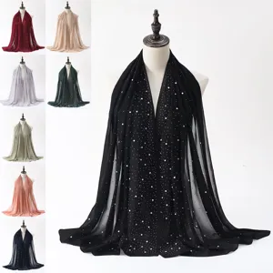 Women Fashion Chiffon Scarf Hijab Head Cover Shawl with Pearls and Hot Drill Daily Casual Travel Accessories