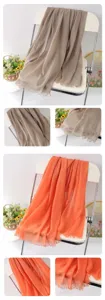 Solid color linen fringed scarf shawl detail view, soft breathable fabric for autumn.