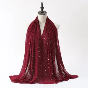 Malaysian pearl chiffon hijab long scarf shawl for women, elegant rhinestone head wrap.