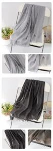 Solid color linen shawl scarf with frayed fringe edges, elegant versatile daily accessory.