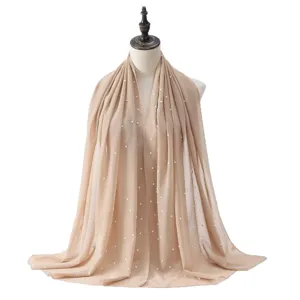 Women chiffon hijab scarf with pearl hot drill decoration long head wrap shawl fashion