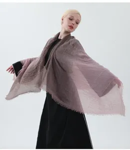Elegant gradient cotton linen scarf for women, lightweight gauze shawl with fringe details.