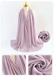 Foulard hijab in chiffon perlato tinta unita con bordi arrotolati e viste dettagliate.