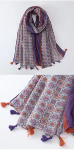 Bohemian printed tassel scarf with colorful geometric patterns for beach and travel.