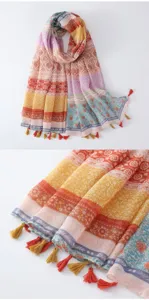 Colorful bohemian printed tassel scarf detail view, perfect for beach vacation and sun protection.