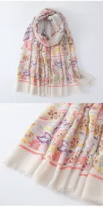 Colorful floral print fringe scarf detail view, bohemian style lightweight shawl.