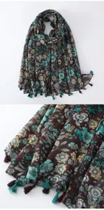 Bohemian floral printed tassel scarf detail view, lightweight shawl for beach vacation.