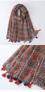 Close-up of the bohemian colorful printed scarf with geometric patterns and tassel details.