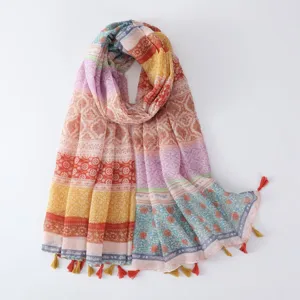 Bohemian style colorful printed tassel scarf, perfect summer beach vacation shawl for women.