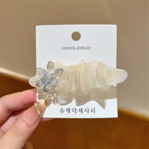 Detailed view of Korean sweet sheer mesh crystal flower duckbill hair clip, elegant side accessory.