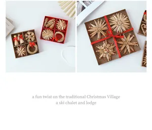 Handgemaakte stro kerstboom decoratie set, geweven sterren en engelen hanger cadeaubox.