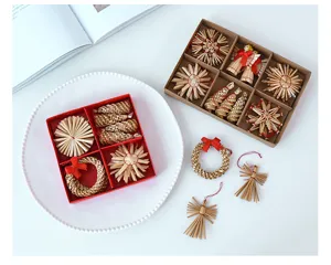 Handgemaakte stro kerst ornamenten set, natuurlijke tarwe geweven hanger voor de boom.