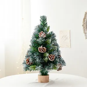 Albero di Natale artificiale da tavolo con pigne e base in legno per decorazione festiva