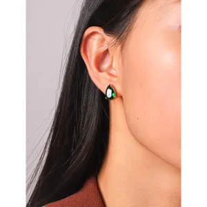 Elegant teardrop green zircon stud earrings in 18k gold finish, minimalist fashion.