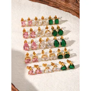 European American Stainless Steel 18K Gold Plated Zirconia Stud Earrings Colorful Geometric Heart Oval Waterdrop Jewelry