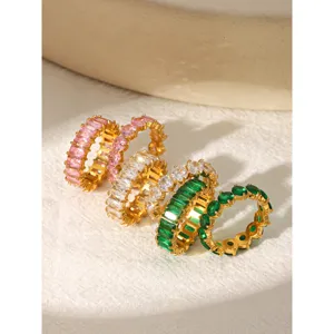 Luxury Stainless Steel Zirconia Ring For Women European Style Emerald Cut Eternity Band Stackable Colored Gemstone Finger Ring Gift
