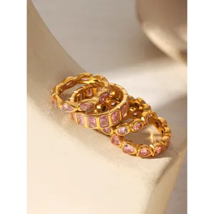 Chic Stainless Steel Gold Plated Pink Zirconia Ring For Women Luxury Eternity Band Heart Round Geometric Jewelry Gift