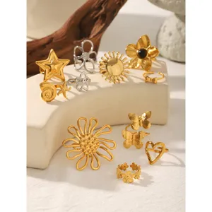 Stainless Steel Butterfly Flower Open Ring For Women Luxury Hollow Design Adjustable Fashion Finger Ring Jewelry Gift