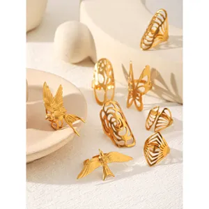 Stainless steel hollow open rings set with stylish vintage bird and butterfly designs.