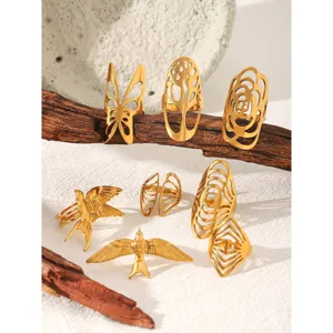 Vintage Stainless Steel Hollow Open Ring For Women Gold Plated Bird Butterfly Wing Geometric Statement Finger Ring Jewelry