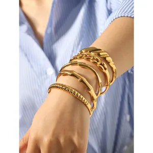 Ensemble de bracelets jonc empilables en acier inoxydable plaqué or 18k, manchette géométrique femme