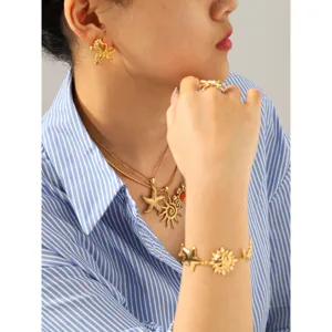 Gold stainless steel sun starfish necklace earrings bracelet ring jewelry set for women.